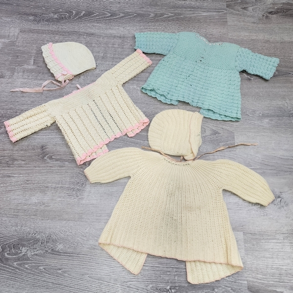 VINTAGE 5 Piece Crochet Sweaters and Bonnet Hat Bundle Lot - Picture 12 of 16